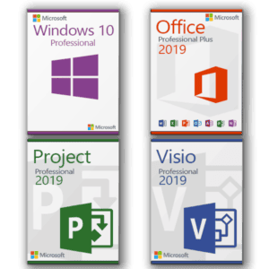 Microsoft Windows 10 Professional + Microsoft Visio 2019 Professional + Microsoft Project 2019 Professional + Microsoft Office 2019 Professional Plus License for 3 devices